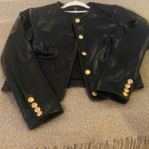 Aqua Black Leather Blazer with Gold Buttons